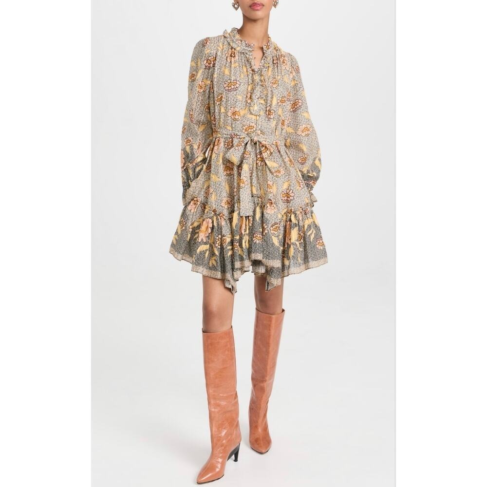 Ulla Johnson Grey Floral Tie-Waist Mini Dress with Yellow Blooms